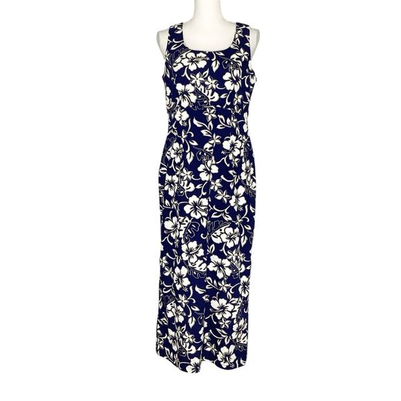 Hilo Hattie Navy White Floral Hibiscus Maxi Sheath Dress 12 - Picture 1 of 6